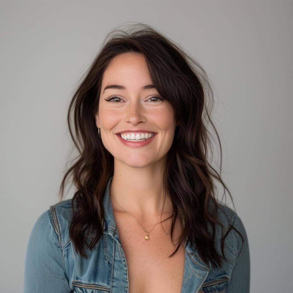 Late 20s woman marketer headshot with fun expression, brunette